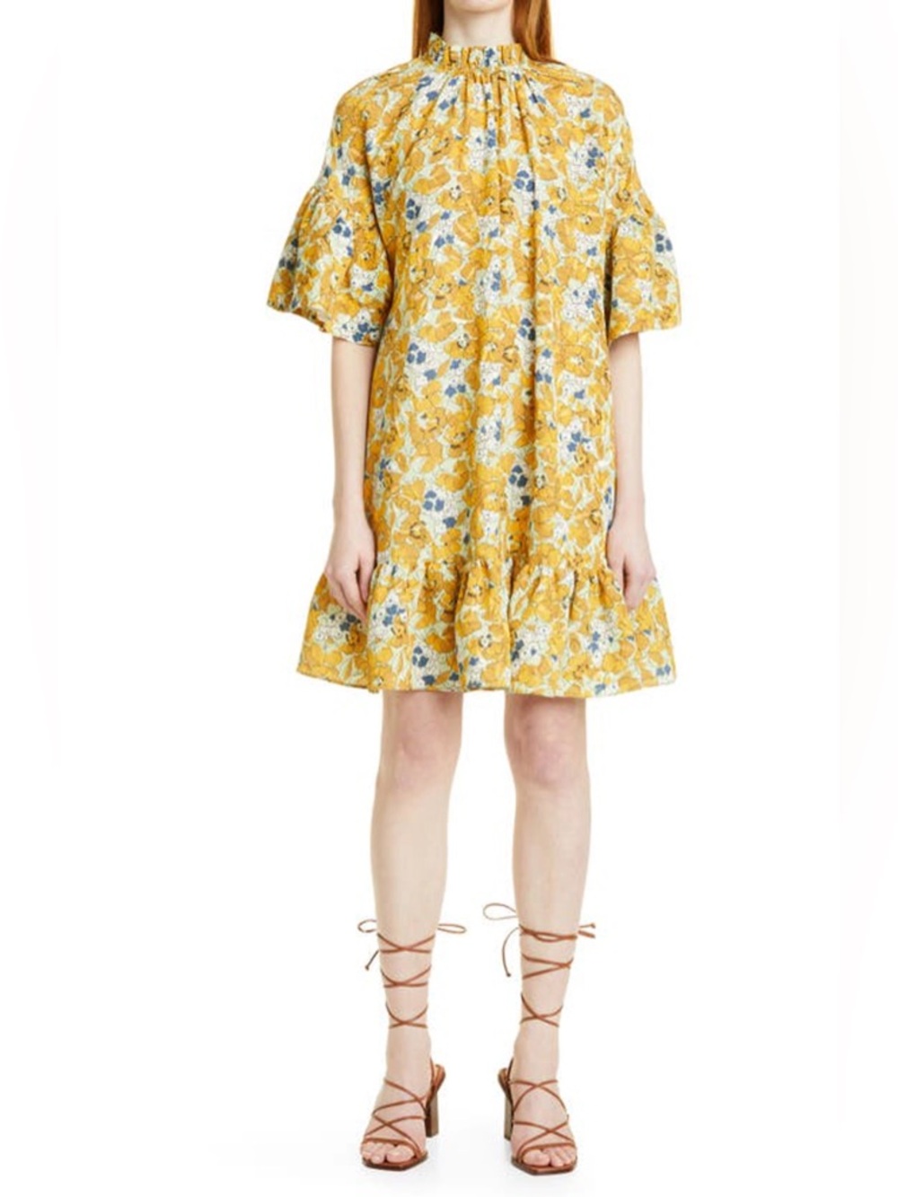 BYTIMO Yellow Floral Ruffled Hem Swing Dress XL